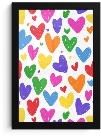 Poster in lijst - Fotolijst 20x30 cm - Posters - Hartjes - Patroon - Kleurrijk - Tekening - Posterlijst zwart - Decoratie - Wanddecoratie woonkamer - Muurdecoratie slaapkamer