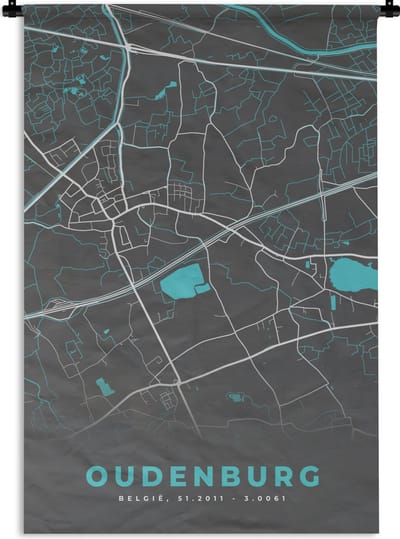 Wandkleed - Wanddoek - Stadskaart – Grijs - Kaart – Oudenburg – België – Plattegrond - 120x180 cm - Wandtapijt