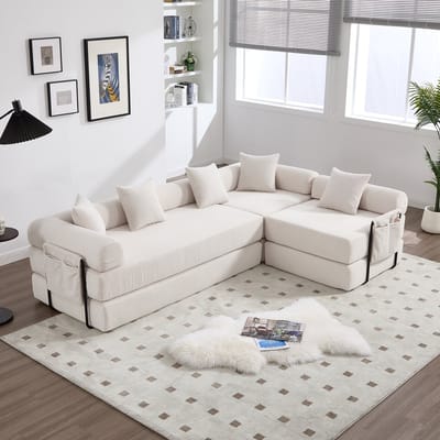 Modulair bankstel met opbergvak - vrij te combineren modules - voor gezin en huisdieren - beige - vacuüm verpakt - zijvakken - slaapfunctie