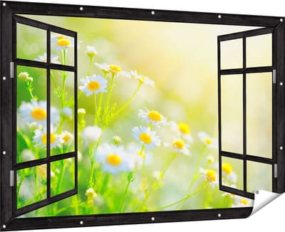 Gards Tuinposter Doorkijk Witte Kamille Bloemen met Zonneschijn - 180x120 cm - Tuindoek - Tuindecoratie - Wanddecoratie buiten - Tuinschilderij