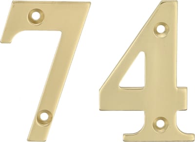 AMIG Huisnummer 74 - massief messing - 5cm - incl. bijpassende schroeven - gepolijst - goudkleur