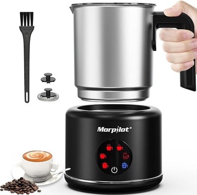 Elektrische Melkopschuimer 6-in-1 – Voor Warm & Koud Melkschuim, Chocolademelk en Latte – 130–500 ml – 600W – RVS met Antiaanbaklaag (Zwart)