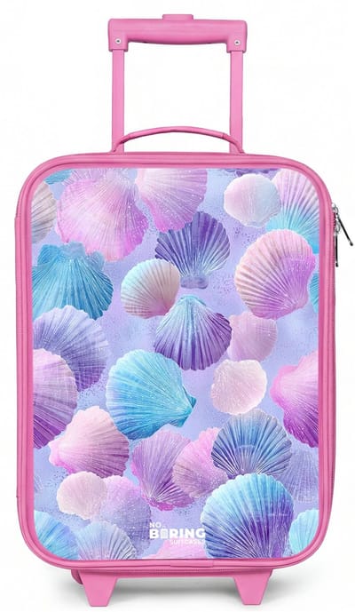 NoBoringSuitcases.com® - Kinderkoffer roze - Kindertrolley meisje - Gekleurde schelpen op een paarse achtergrond - Koffer kind lichtgewicht - Reiskoffer trolley voor kinderen - Koffertje met lichtgevende wieltjes - Rolkoffer
