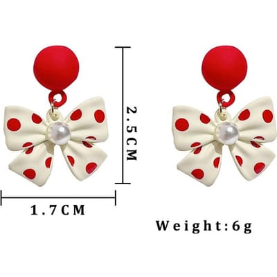 Schattige Parel Strik Drop Oorbellen voor Vrouwen Rode Ronde Hangende Oorbellen Bruiloft Feest Golf Punt Print Zoete Sieraden pendientes red