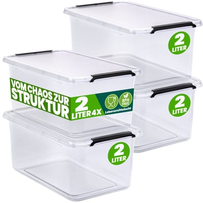 DEUBA Opbergbox Set van 4 - 2l BPA Vrij Stapelbaar - 19,5x15x11,5cm