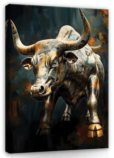 WALLARENA - Canvas schilderij - 100x70 cm - motiverende afbeelding van geld en een stier voor de slaapkamer of woonkamer