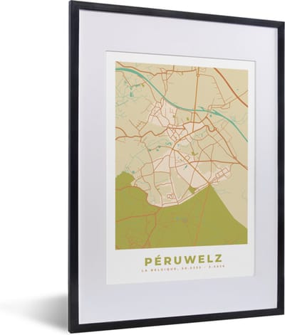Fotolijst incl. Poster - Stadskaart - Retro - Péruwelz - Kaart - Plattegrond - 30x40 cm - Posterlijst