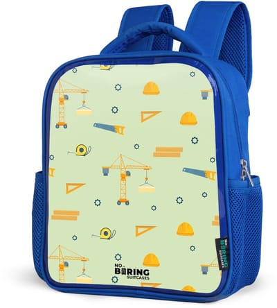 NoBoringSuitcases.com® - Rugzak blauw - Schooltas jongens - Bouwkranen en timmergereedschap op mintgroene achtergrond - Kinder rugtas jongen - Boekentas kind - Kinderrugzak voor school - Schoolrugzak