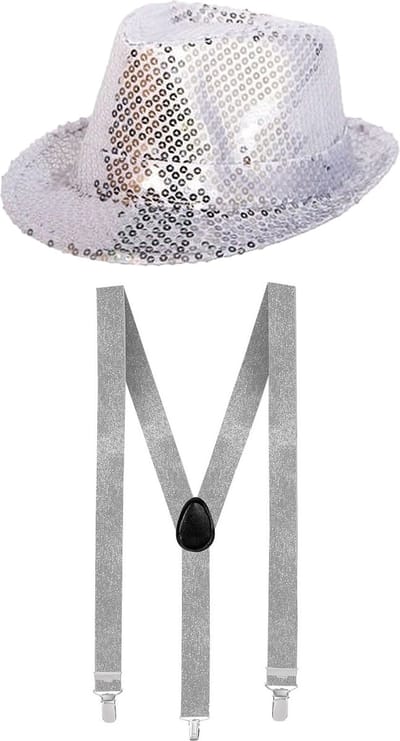 Faram Verkleedkleding set zilveren hoed en bretels glitter volwassenen