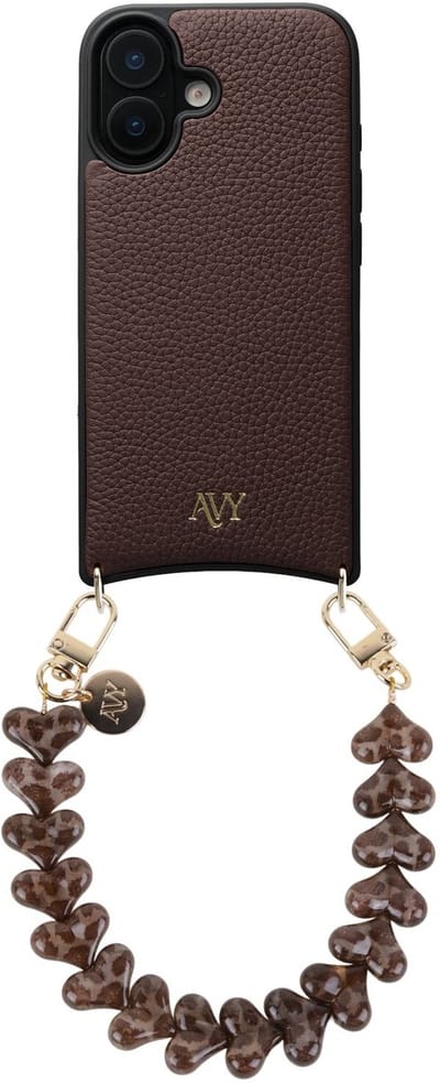 AVY Leren Hoesje Geschikt voor Apple iPhone 17 | Compatibel met MagSafe | Leather Case met Telefoonkoord | Polsband | Chocolate | Cupid Leopard