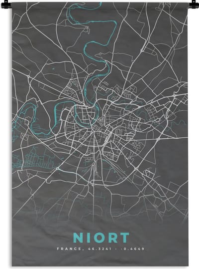 Wandkleed - Wanddoek - Niort - Plattegrond - Kaart - Frankrijk - Stadskaart - 120x180 cm - Wandtapijt
