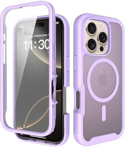 Hoesje met Ingebouwde Screenprotector Geschikt voor Apple iPhone 16 Pro - Compatibel met MagSafe / Qi2 - Full Protect - Schokbestendige Beschermhoes - Case Matte Paars