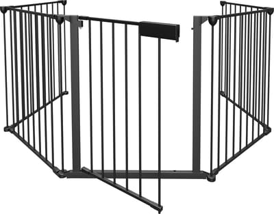 Homesy Veiligheidshekje | Metalen Schroefhekje | Veiligheidshek Haardscherm - Traphekje - 5 stuks panelenhek - 304cm | Openhaard hek Beschermrooster | met Deur Metalen Kachelbeschermer | Barrier Dierenhek | zwart