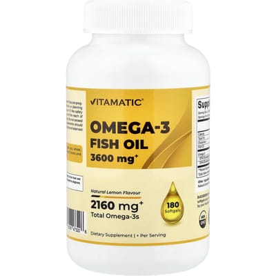 Vitamatic, Huile de Poisson Oméga-3, Arôme Naturel de Citron, 180 Gélules Molles