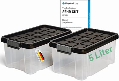 Novaliv 2x opbergdozen met deksel 5L antraciet Nestbare stapelbare opbergdozen met clipsluiting Kunststof BPA-vrij 30 x 19 x 14 cm