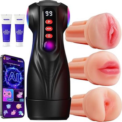 Pocketpussy- Mannen Masturbator Set met 3 Verwisselbare Liners – 9 Vibratiemodi & 9 Zuigstanden – App-Bediening, LED-effect & LCD-display – Discreet Seksspeeltje voor Solo en Koppels