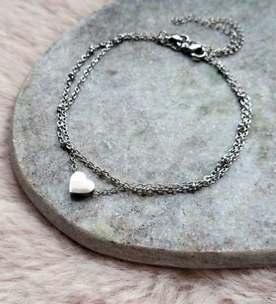 Jewels88 Enkelbandje Hartje Zilver Dames- Enkelbandje Dubbel Layer Stainless Steel RVS Vrouw
