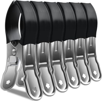 GELLDG Handdoekklemmen - Metalen Klemmen Set - Roestvrij Staal met Antislip Rubber - Maximale Opening 5 cm - 6 Stuks - Geschikt voor Strandstoel en Waslijn - Zilverkleur