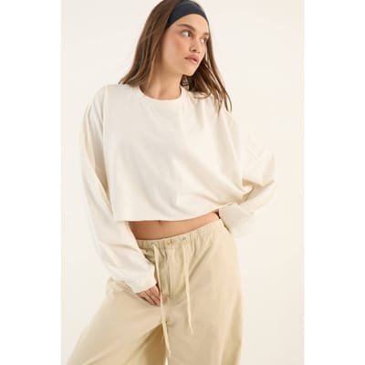 Dames Dsgn Studio Zwaar Gewassen Oversized Lange Mouw Crop T-shirt | Creme | Maat: XL