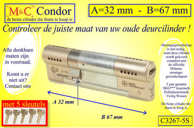 M&C Conder high-tech security deurcilinder 32x67 mm MET 5 SLEUTELS - SKG*** - Politiekeurmerk Veilig Wonen  -  inclusief MilaNNE gereedschap montageset