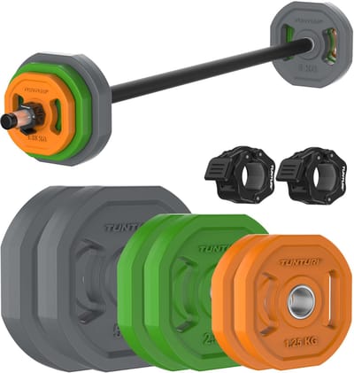 Tunturi Aerobic Pump Gewichtenset 20kg - Halterset met 6 schijven - Incl. halterstang - Met rubberen beschermlaag - Incl. gratis fitnessapp