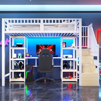 VVBV Metalen Hoogslaper 90x200 cm met LED-Verlichting, USB - Bureau, Planken, Trap/Ladder - Metaal Wit - Zonder Matras