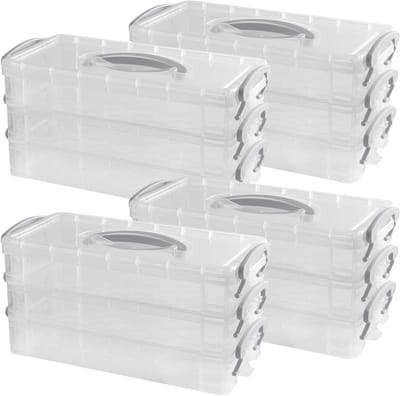 Set van 4 Multifunctionele Plastic Pennenboxen, Organiser voor Kantoorbenodigdheden, Stapelbare Opbergdozen met Deksel en Handvat, 21.5 x 10 x 10 cm