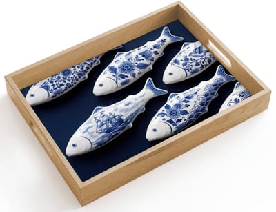 Dienblad hout 40x30 cm - Schootdienblad - Vissen - Delfts - Blauw - Keramiek - Borrelplank rechthoek - Plateau dienbladen