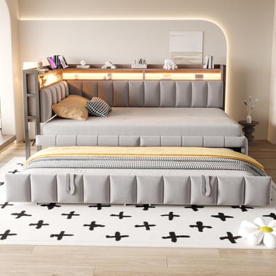 MODENUIT Slaapbank 90x200 cm – Uitschuifbaar Bed met Ledverlichting en Usb- en Type-C-aansluiting – Zonder Matras – Grijs