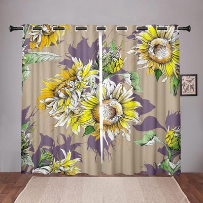 Retro Zonnebloem Print Gordijnen, Dunne Raambekleding voor Slaapkamer, Kantoor, Keuken, Woonkamer, Keukendeur Home Decor in de Uitverkoop W50xH130(CM)x2pcs&Grommet Top