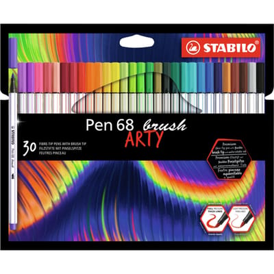 STABILO Pen 68 Brush - Premium Brush Viltstift - Met Flexibele Penseelpunt - ARTY Etui Met 30 Verschillende Kleuren