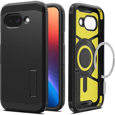 Spigen Tough Armor Hoesje Geschikt voor Google Pixel 9a | Compatibel met MagSafe / Qi2 | Back Cover Militaire Standaard | Kickstand | Zwart