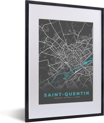 Fotolijst incl. Poster - Plattegrond - Stadskaart - Kaart - Saint-Quentin - Frankrijk - 30x40 cm - Posterlijst