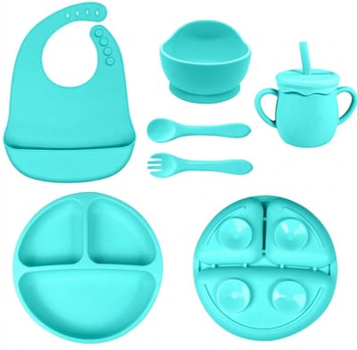 HipWare - Kinderservies mintgroen - Complete 6-delige set - BPA-vrij siliconen - Vaatwasser- en magnetronbestendig - Baby eetset of kinderbestek