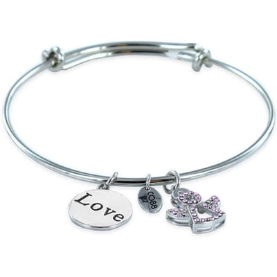 CO88 Collection Celestial 8CB 70005 Stalen Armband met Hangers - Love en Zirkonia Engel - One-size - Zilverkleurig / Paars