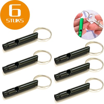 Colorful Sun® Metalen Noodfluit 6 Stuks – Alarmfluit 120 dB met Sleutelhanger – Reddingsfluit voor Outdoor, Wandelen, Camping, Survival & Sport – Hondenfluit – Sport- & Scheidsrechterfluit – Zwart
