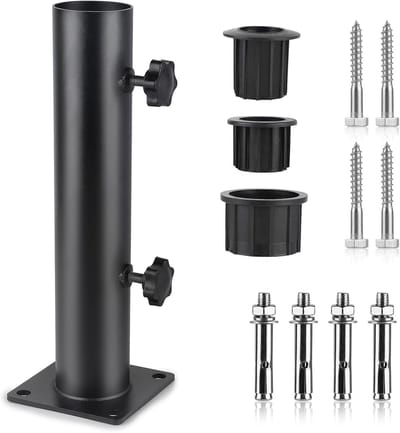 Thijox - Verstelbare Staande Buis Parasolhouder met 3 PVC Verloopringen (32/38/48 mm), Zwarte Parasolstandaard voor Tuin, Camping en Feesten, Inclusie