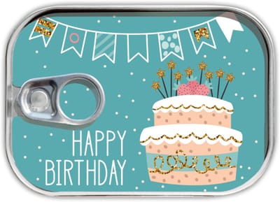 Happy birthday kaart in een blik/verjaardag/originele kaart/wenskaart/