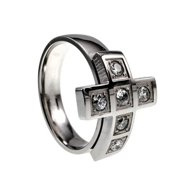 Stijlvolle Ring met Kruis en Zirkonia Stenen, RVS Gepolijst - Dames