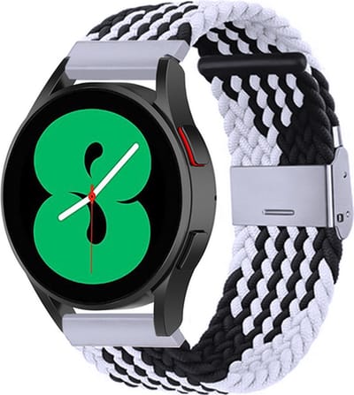 By Qubix - Braided nylon bandje 20mm - Zwart / wit - Geschikt voor Samsung Galaxy Watch 7 (40 & 44mm) - Galaxy Watch FE - Galaxy Watch 6 - Galaxy Watch 6 Pro - Galaxy Watch 5 - 5 Pro - Galaxy Watch 4 - 4 Classic - Active 2 - Watch 3 (41mm)