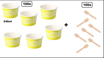 100x IJsbeker IceCream 240ml geel karton + 100x Houten ijslepel - schepijs softijs ijsje zomer beker ijs warm weer fun