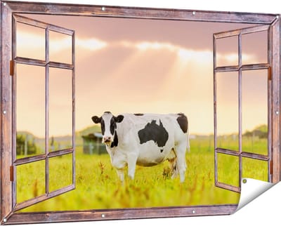 Gards Tuinposter Doorkijk Zwart Wit Koe in de Wei bij Zonsopkomst - 150x100 cm - Tuindoek - Tuindecoratie - Wanddecoratie buiten - Tuinschilderij
