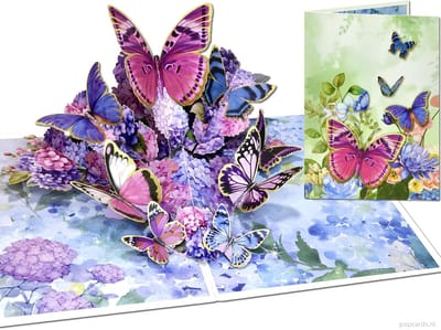 Popcards Pop-up Kaart - 3D Kaart Kleurrijke Vlinders & Hortensia's – Een Bloemrijk Spektakel Wenskaart 3D kaart