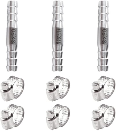 Dailygoods - 3 Stuks 8mm 2-Weg Slangpilaar Rechte Connector, RVS Rechte Slangtule, 2-Weg Slangaansluiting Recht, met 6 Stuks Klemmen, voor Lucht, Gas, Water, Brandstof