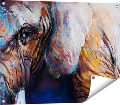 Gards Tuinposter Getekende Olifant van Dichtbij - Abstract - 80x60 cm - Tuindoek - Tuindecoratie - Wanddecoratie buiten - Tuinschilderij