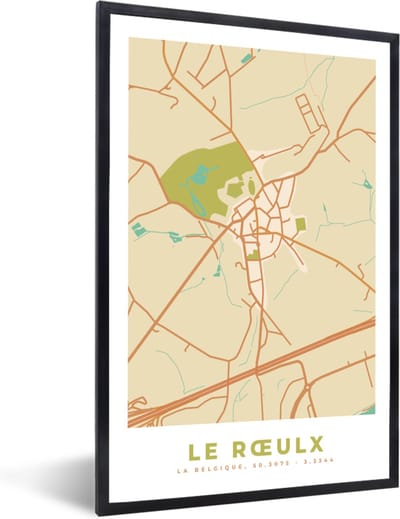 Fotolijst incl. Poster - Stadskaart - La Roeulx - Vintage - Plattegrond - Kaart - 40x60 cm - Posterlijst
