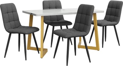 Rechthoekige Eettafel met 4 stoelen set Donkergrijs Linnen Eetkamerstoel Keukentafel set Gouden tafelpoten