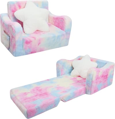 Kinderbank Uitklapbaar - Slaapbank Kinderen - Spelen en Slapen - Inclusief Sterrenkussen - 60 x 41 x 39 cm - Roze