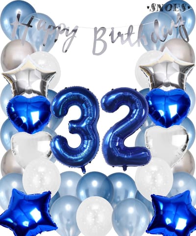 Snoes Ballonnen 32 Jaar Set Mega Blauw Zilver Ballon - Compleet Feestpakket Cijferballon 32 Jaar - Verjaardag Versiering Slinger Happy Birthday – Folieballon – Latex Ballonnen - Helium Ballonnen