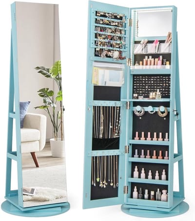GOPLUS Jewellery Cabinet with Full Body Mirror, 360° Rotating Mirror Cabinet with 3-Colour LED Light, Jewellery Storage, Lockable (Pink)